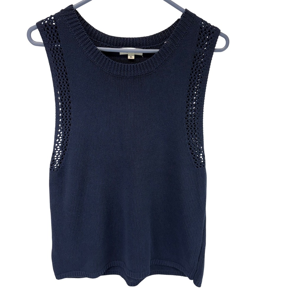 Max Studio London Sweater Vest Women XL Navy Blue Crochet Trim Knit Tank Top
